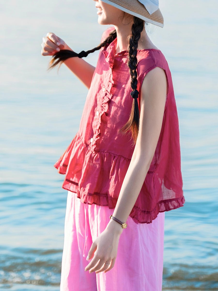 Women Summer Artsy Pure Color O-Neck 100%Ramie Vest