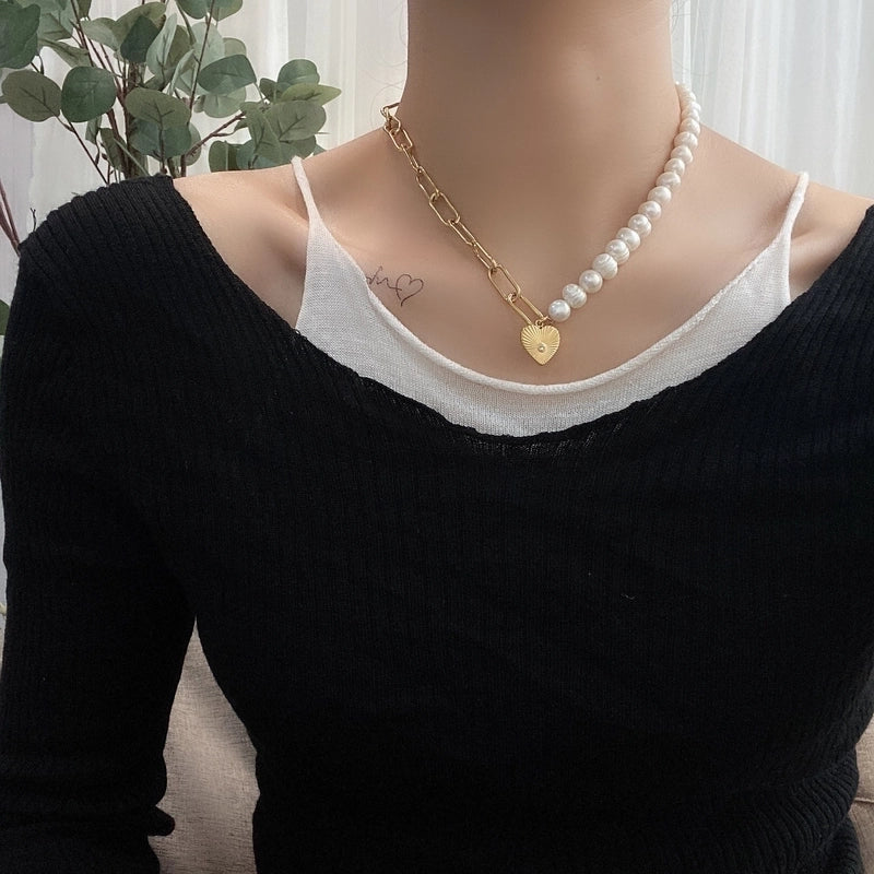 Fashion Cross Heart Shape Titanium Steel Pearl Chain Necklace 1 Piece