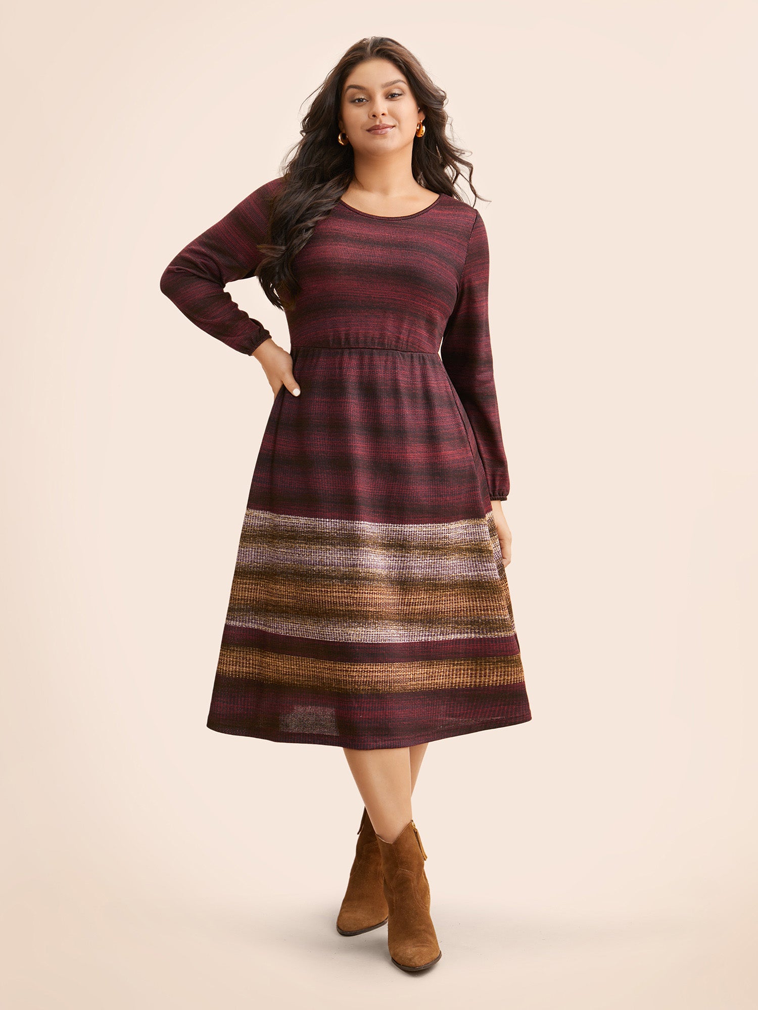 Ombre Contrast Lantern Sleeve Midi Dress