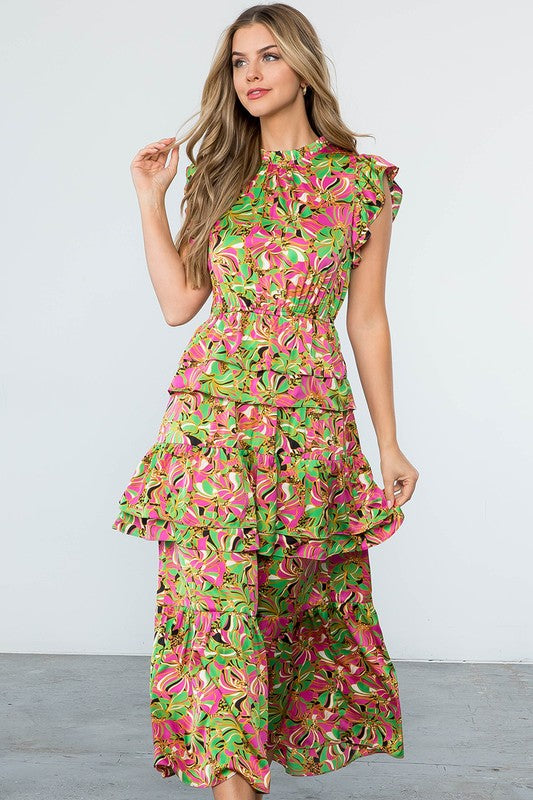 Ruffled Tiered Floral Print Maxi Dress