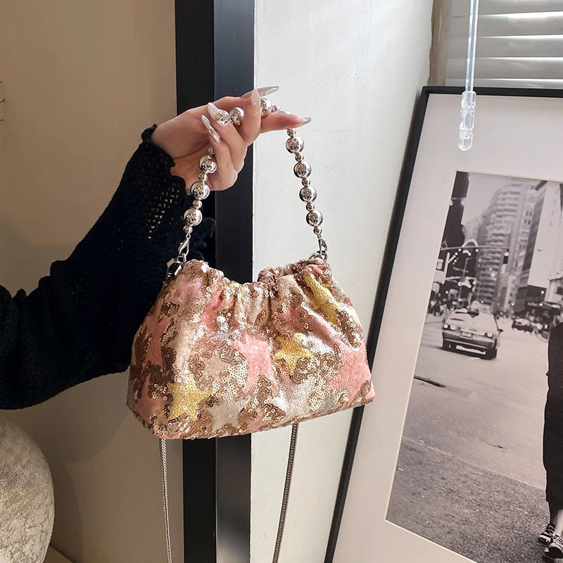 Women's Medium Pu Leather Flower Classic Style Sequins Bucket Magnetic Buckle Crossbody Bag