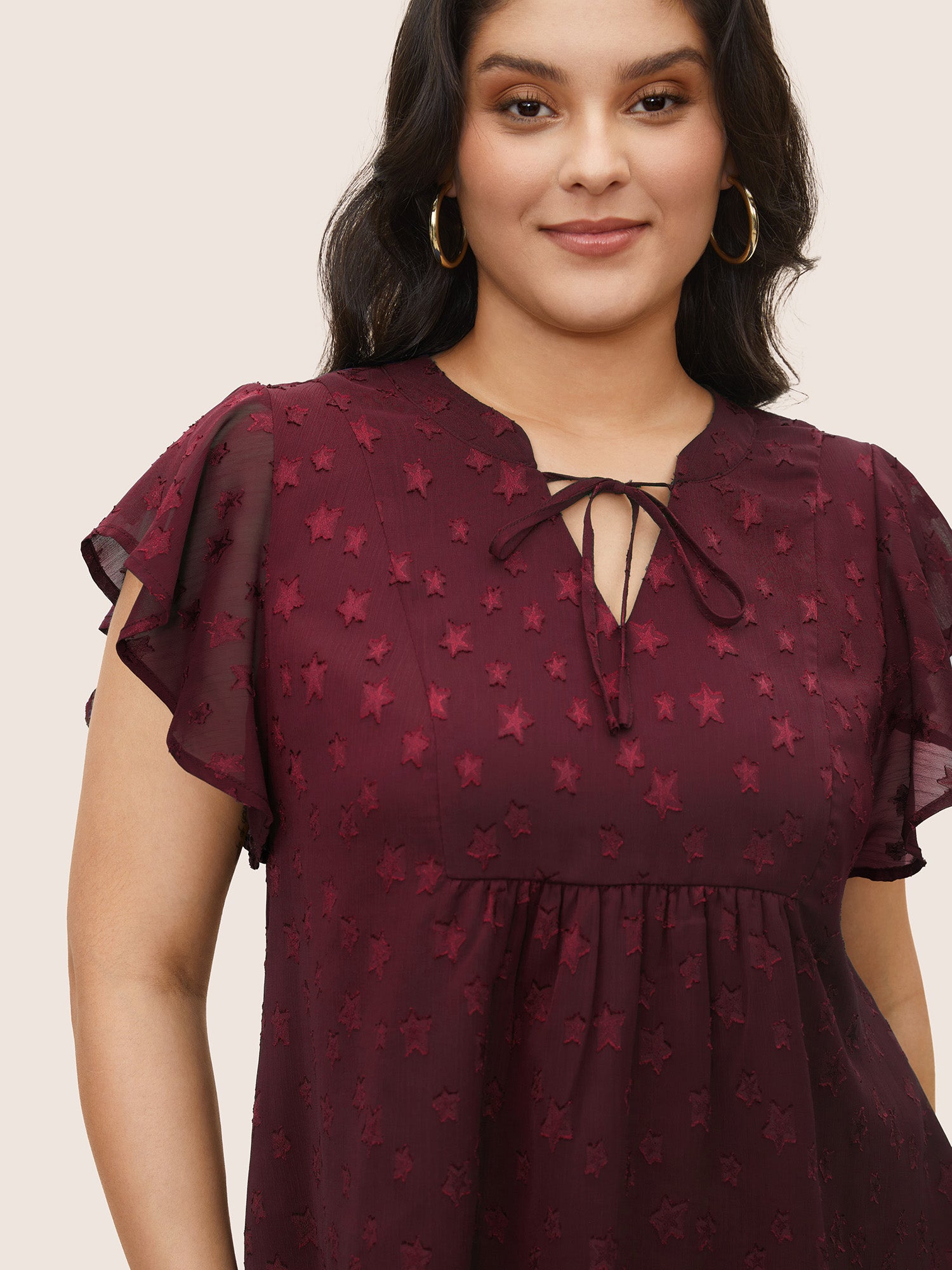 Star Mesh Gathered Ruffle Sleeve Blouse