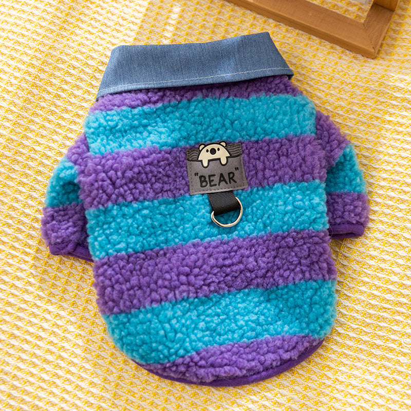 Fleece Striped Denim Collar Dog Cat Harness Sweater