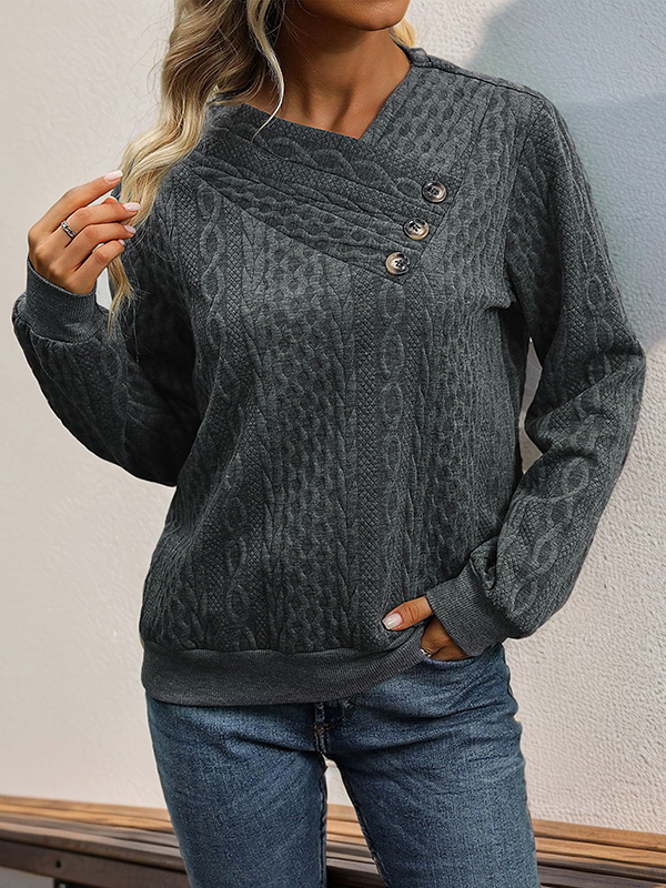 Long Sleeves Loose Buttoned Solid Color Split-Joint V-Neck Sweatshirt Tops
