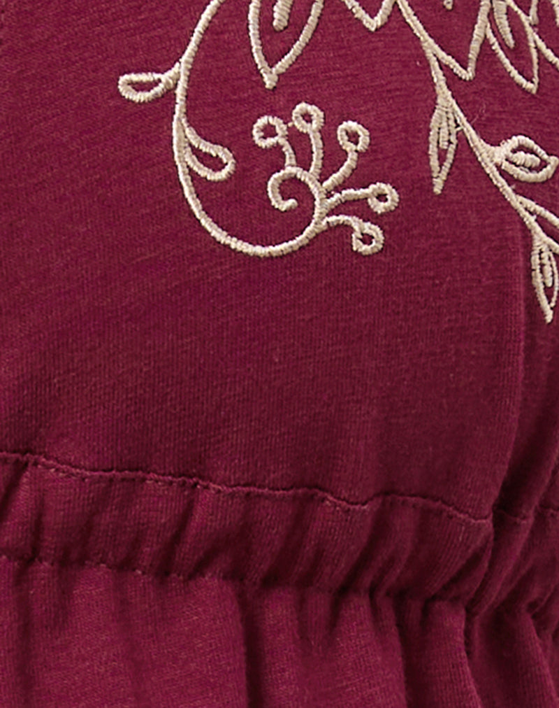 Kayria Tie Top in Burgundy with Floral Embroidery