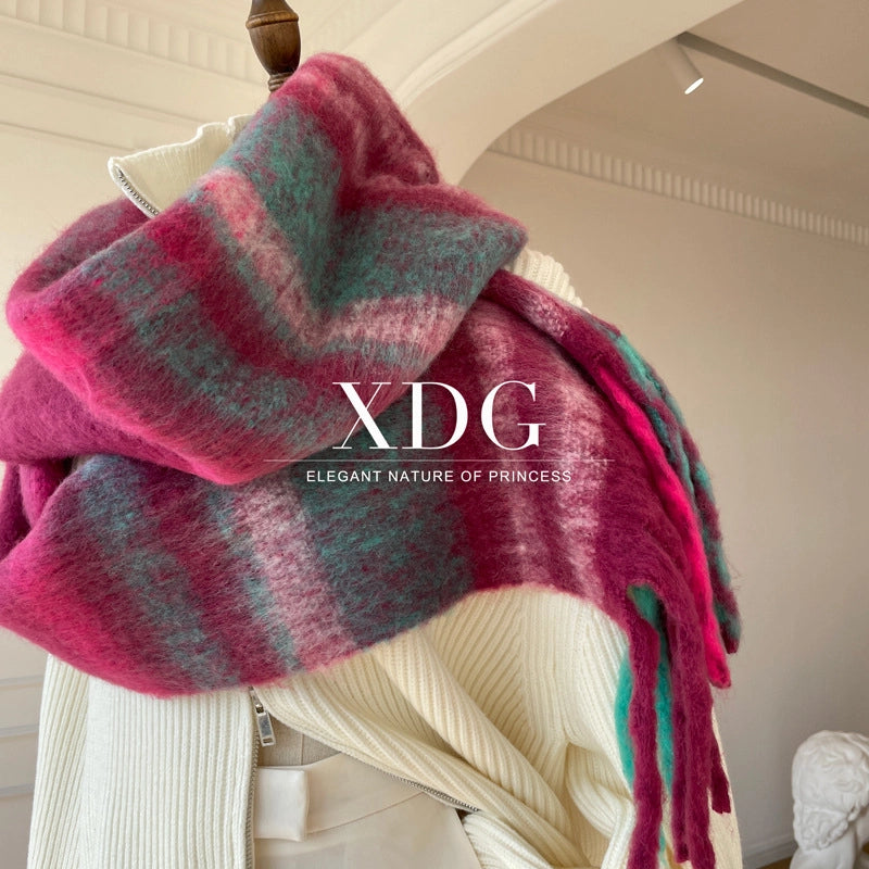 Famous High-grade Delicate Soft Gradient Color Plaid Color Matching Tassel Cashmere-like Shawl Net Red Scarf