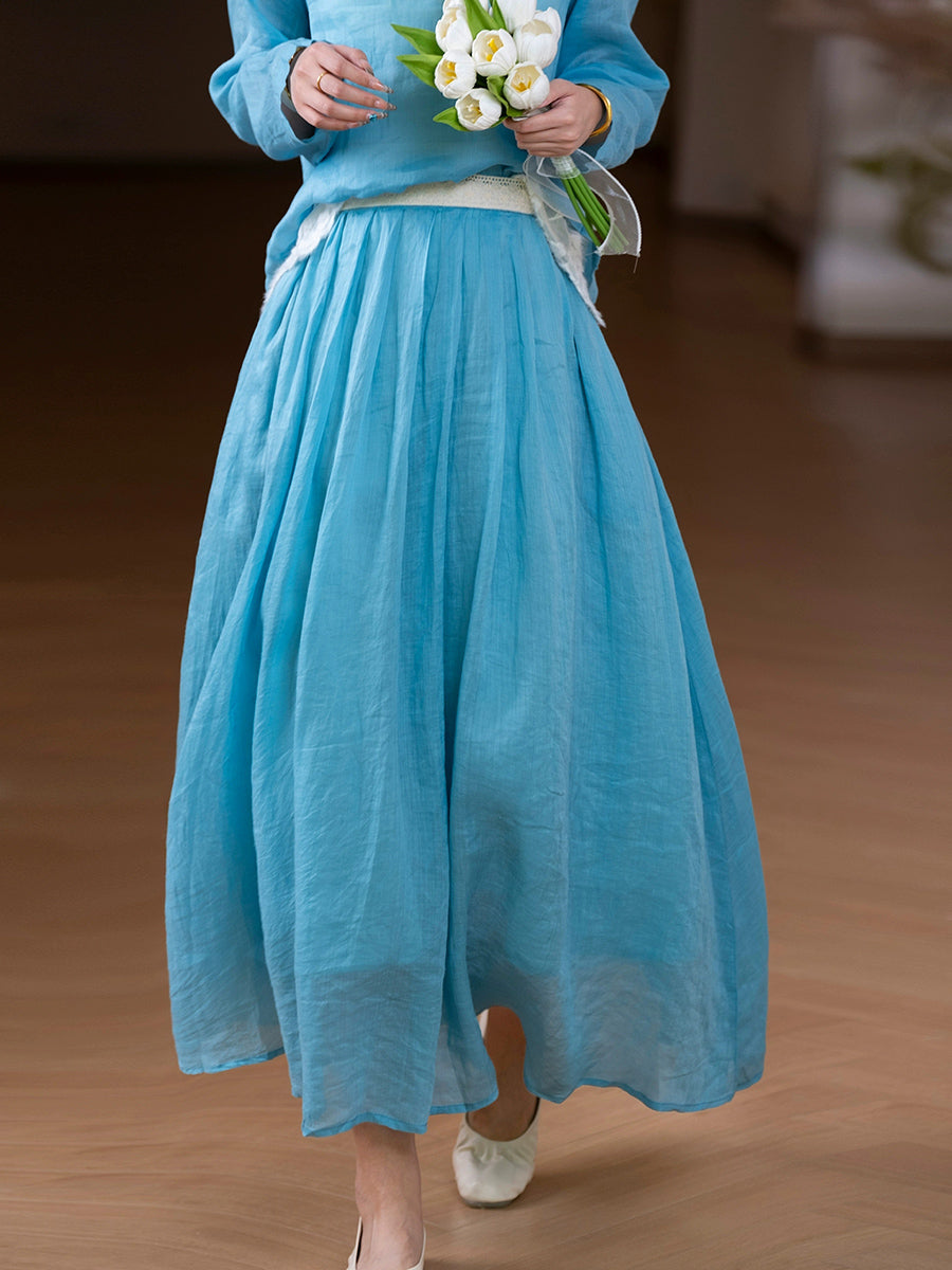 Women Summer Artsy Pure Color A-Shape 100%Ramie Skirt