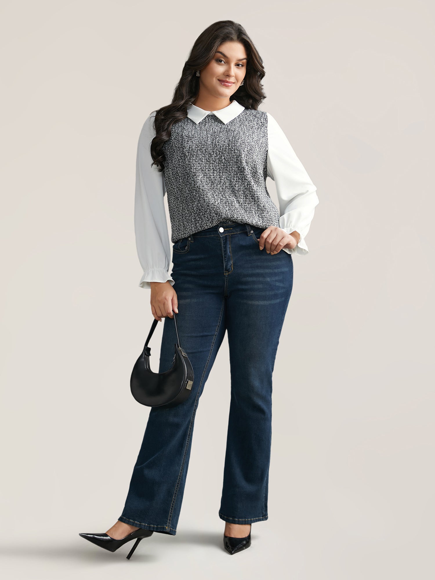 Tweed Patchwork Lantern Sleeve Blouse