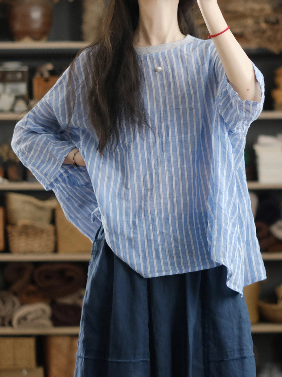 Women Summer Casual Stripe O-Neck Cotton Shirt