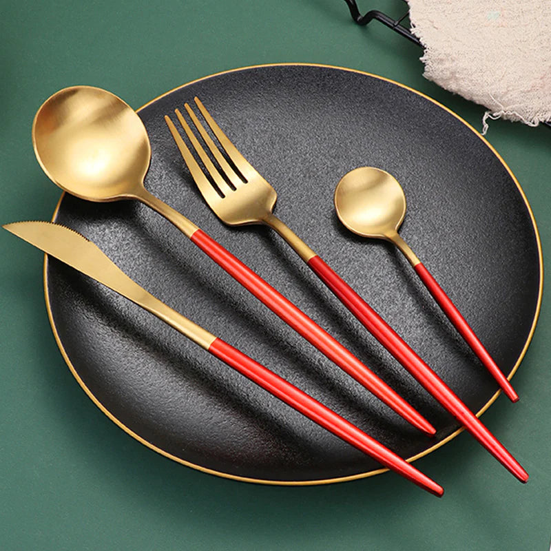 Red/Golden(4406)-24 PCs Premium Steel Cutlery Set