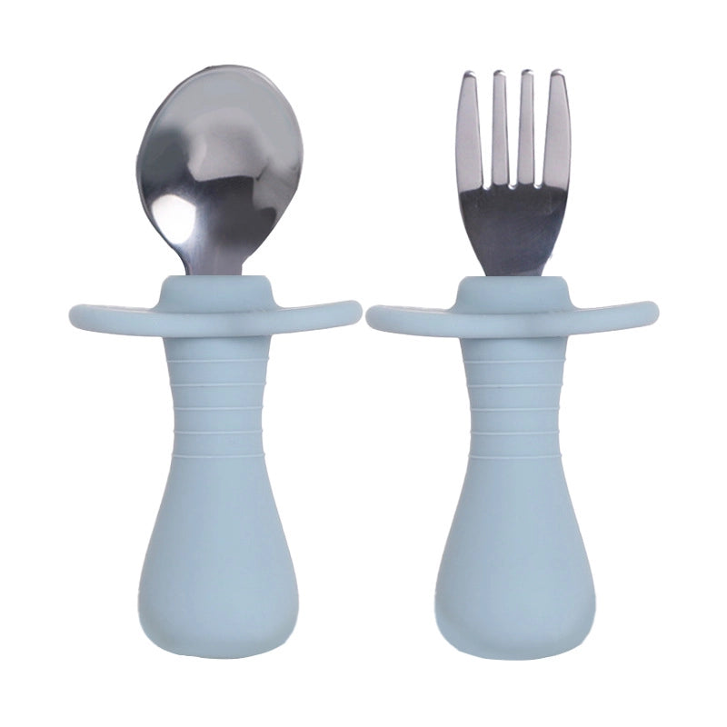 Baby Silicone Fork Spoon Children's Stainless Steel Training Short Fork Spoon Children's Tableware Set Portable Short Handle Fork Spoon