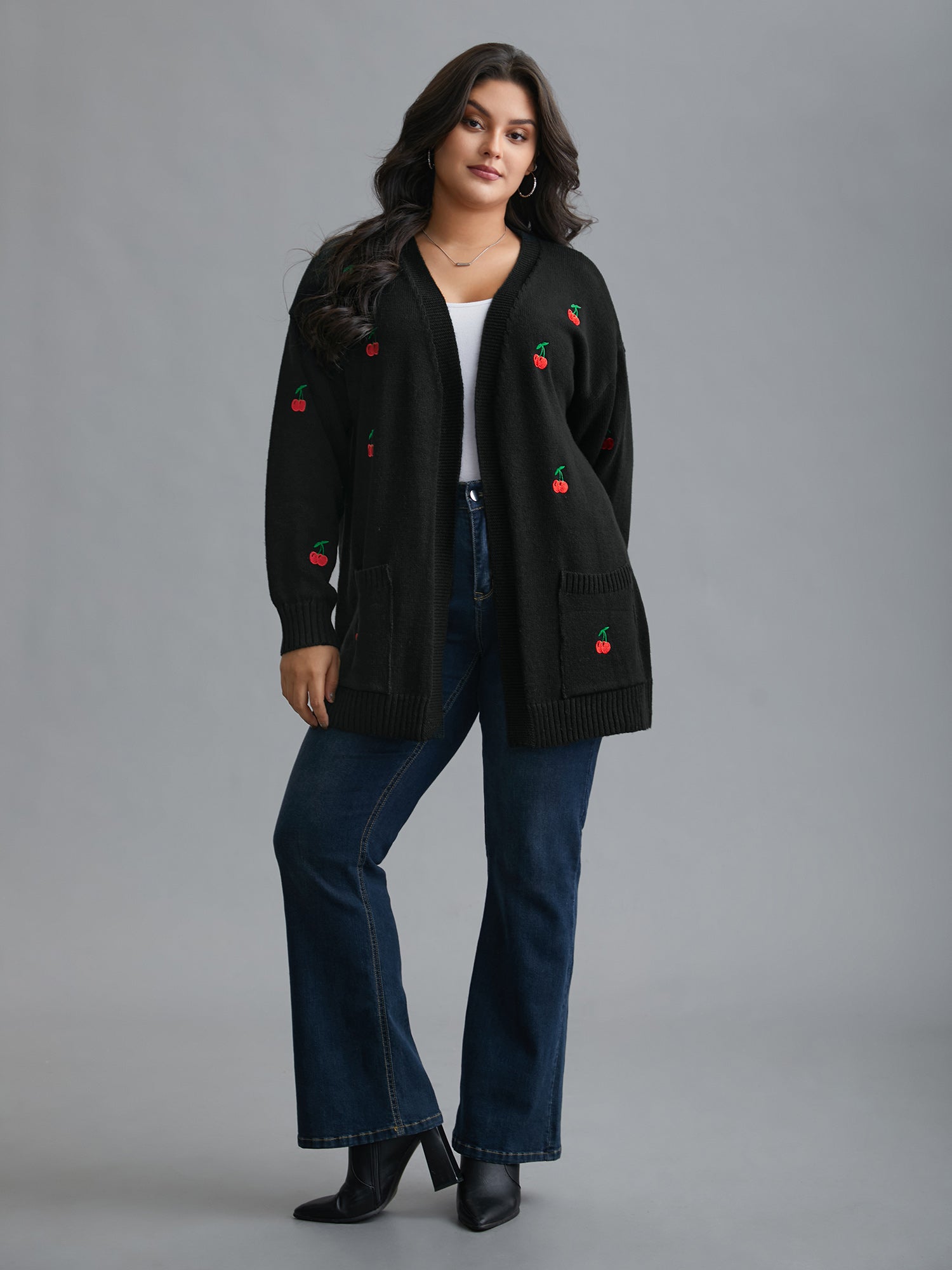 Textured Cherry Embroidery Pocket Pullover