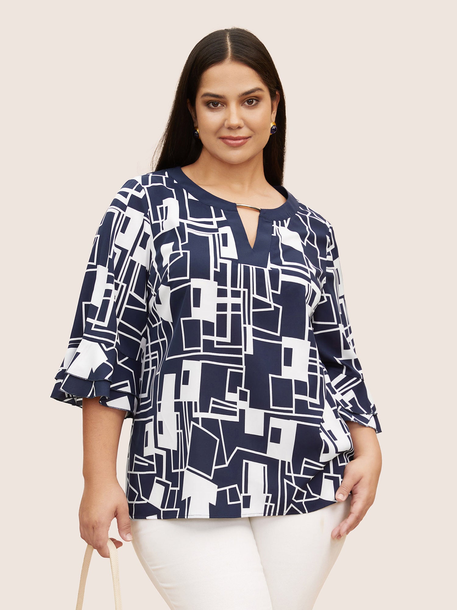 Geometric Keyhole Ruffles Metal Detail Blouse