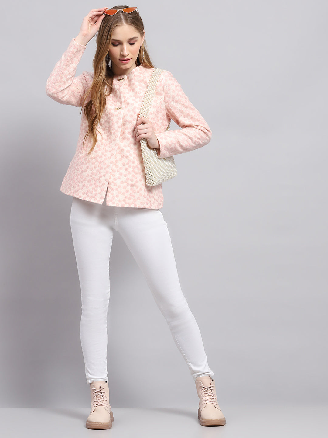 Women Pink Embroidered Round Neck Full Sleeve Coat