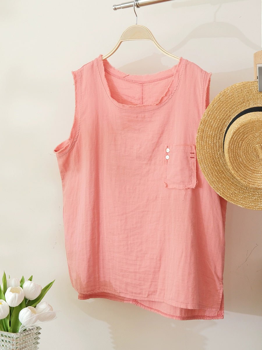 Women Summer Casual Pure Color O-Neck 100%Cotton Vest