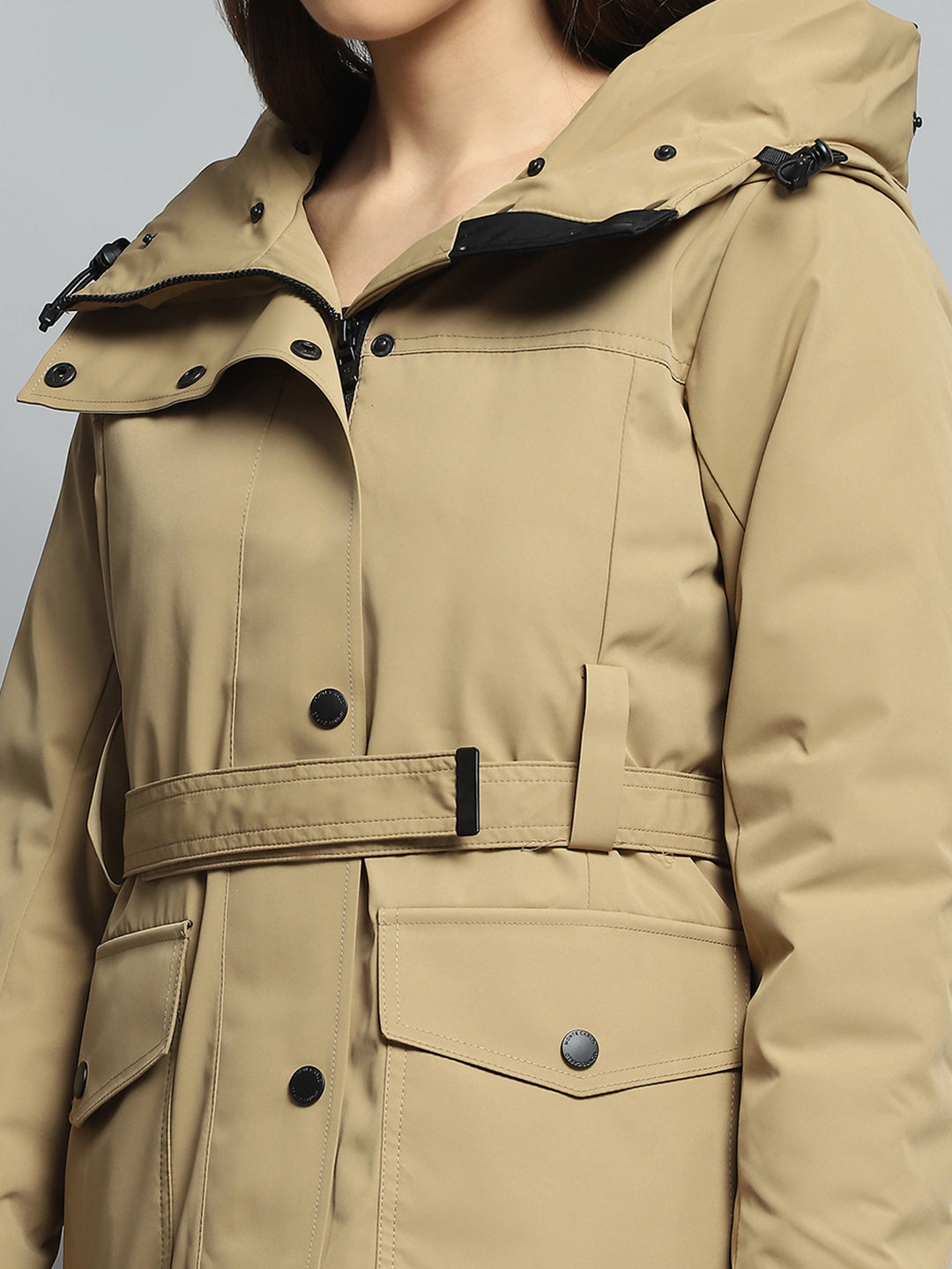 Women Khaki Solid Hooded Full Sleeve Jacket