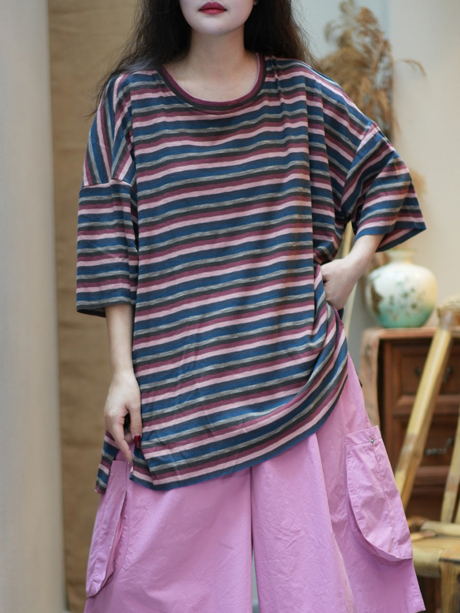 Women Summer Casual Stripe Cotton O-Neck Shirt