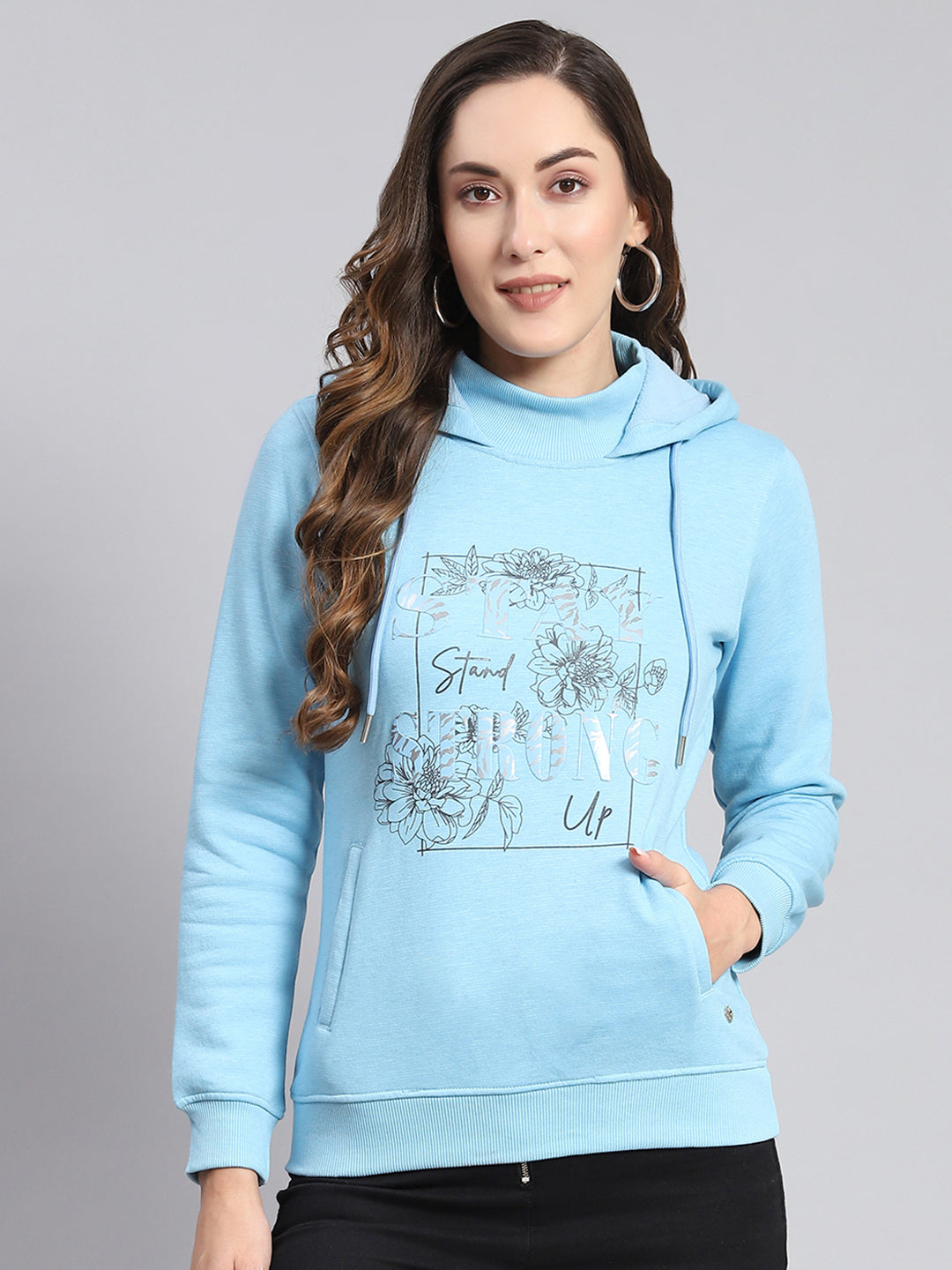 Women Blue Printed Hooded Full Sleeve Sweatshirts