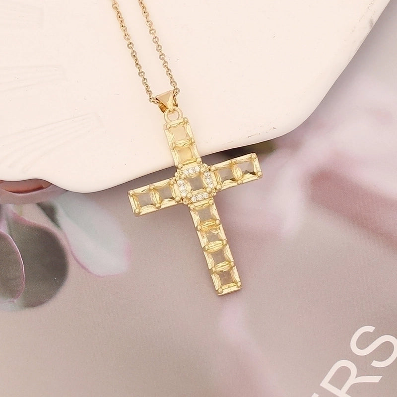 Stainless Steel Copper 18K Gold Plated Fashion Inlay Cross Zircon Pendant Necklace