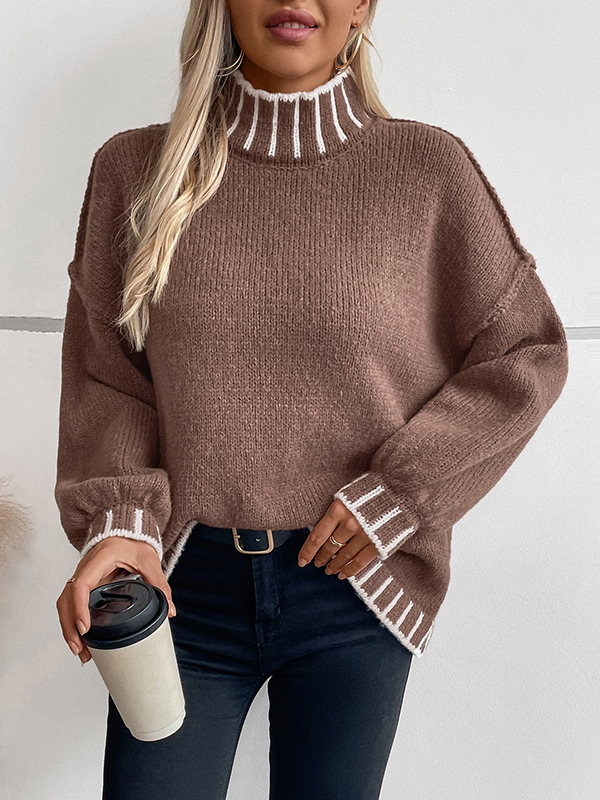 Long Sleeves Loose Contrast Color Split-Joint High Neck Pullovers Sweater Tops