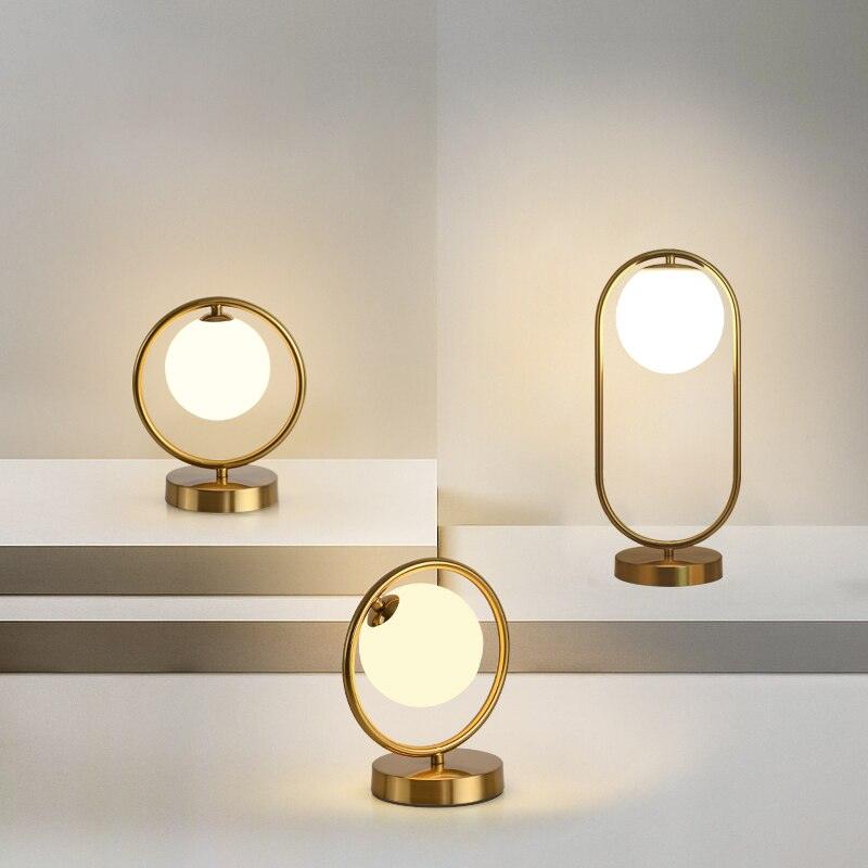 Golden Brass Ring LED Table Lamp with Glass Sphere