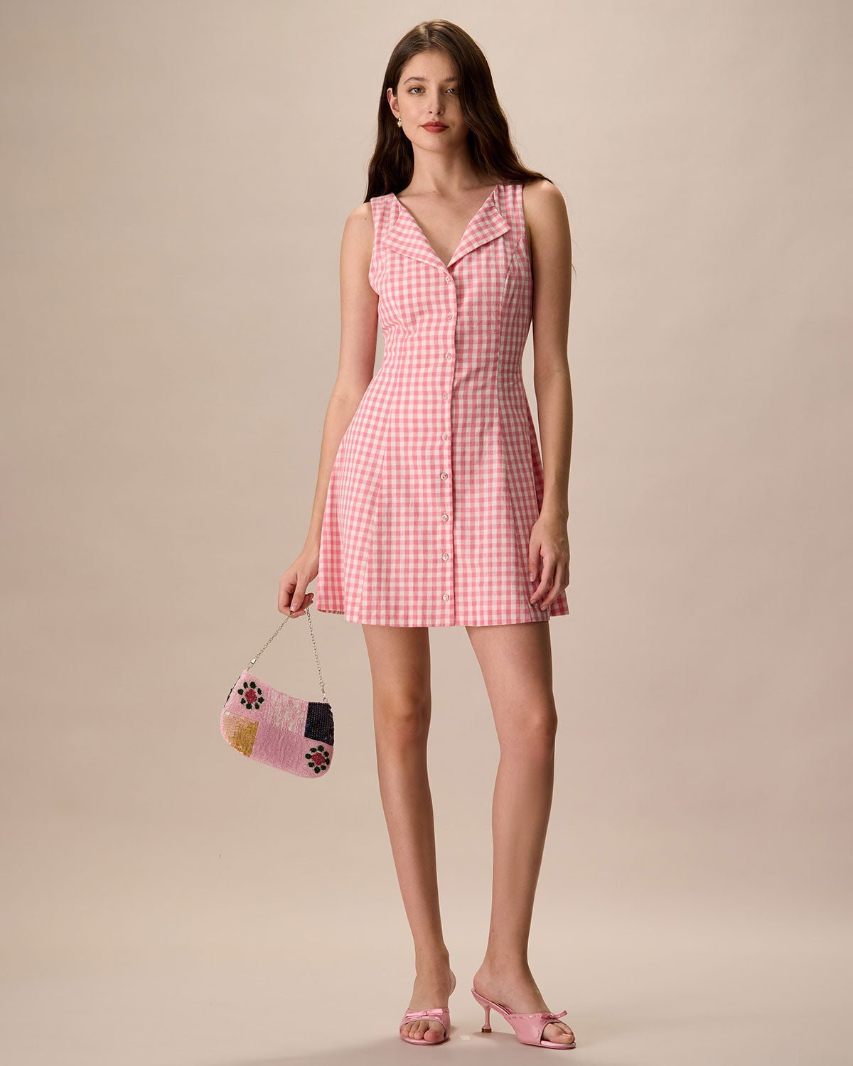 Women's Pink V-Neck Plaid Cotton Mini Dresses