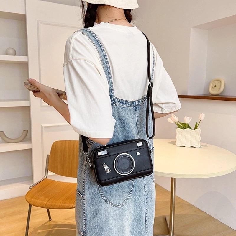 Women's Small Pu Leather Camera Streetwear Square Zipper Shoulder Bag Crossbody Bag