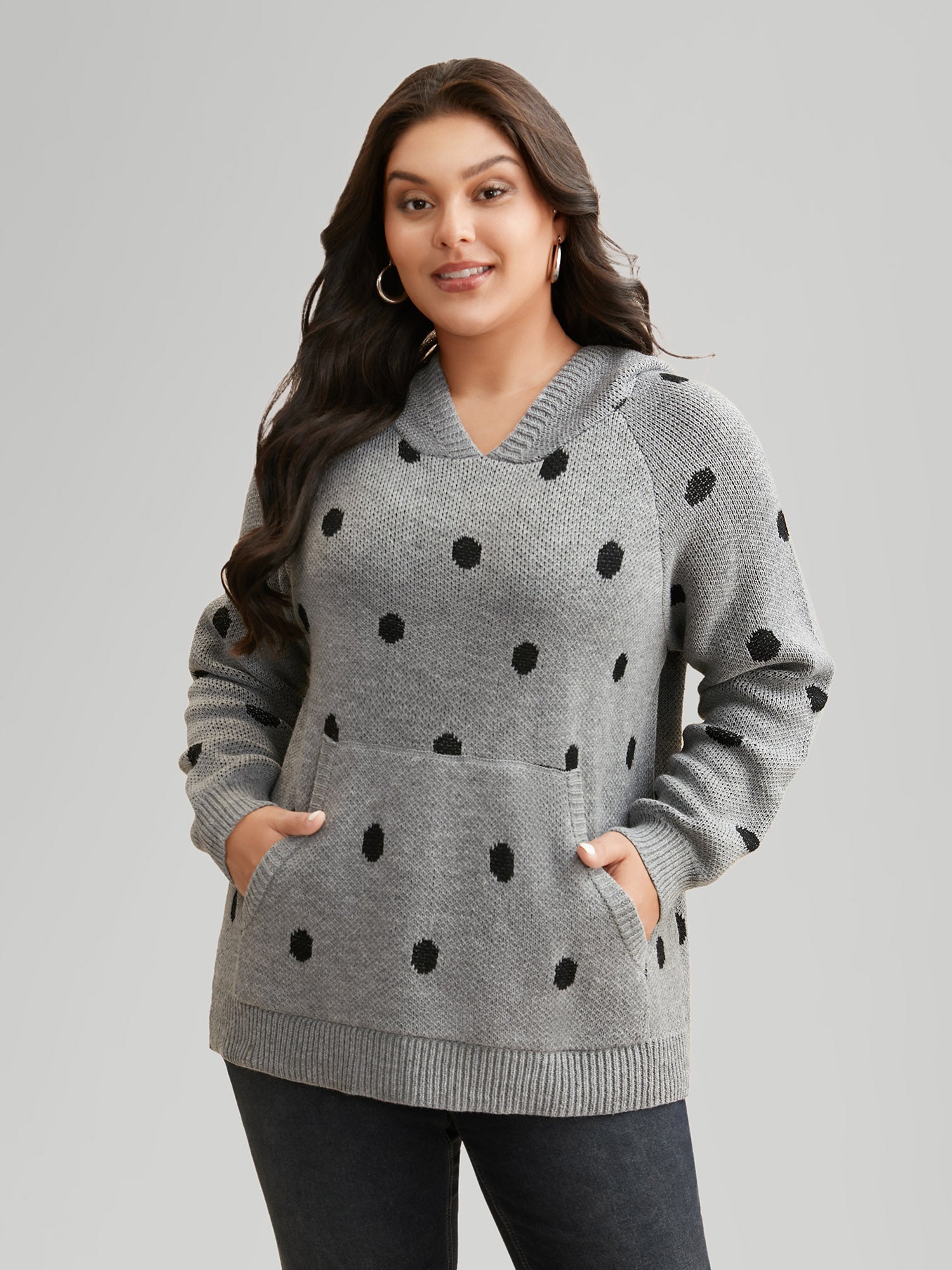 Polka Dot Hooded Patch Pocket Pullover