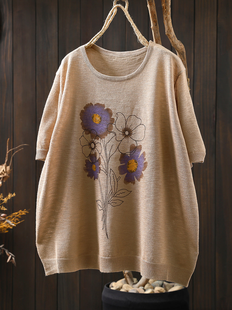 Women Summer Artsy Flower Knitted Linen Cotton Shirt