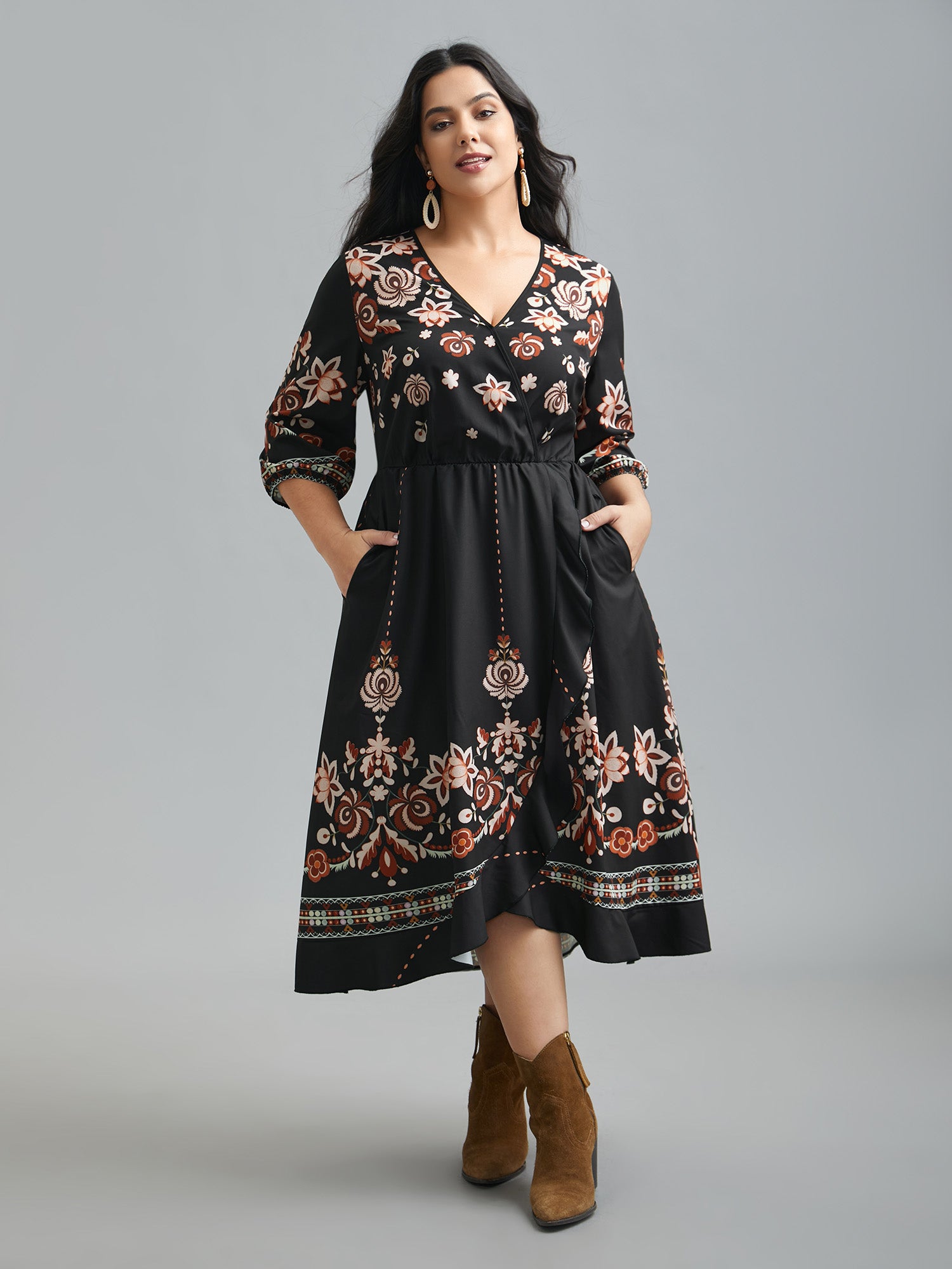 Floral Print Wrap Ruffled Hem Dress