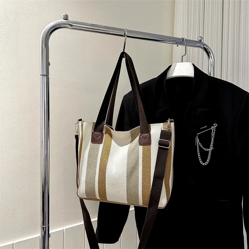 Women's Large Canvas Stripe Vintage Style Square Zipper Crossbody Bag