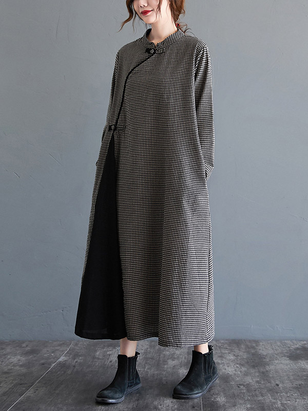 Artistic Retro Plaid Stand Collar Long Cheongsams Dress
