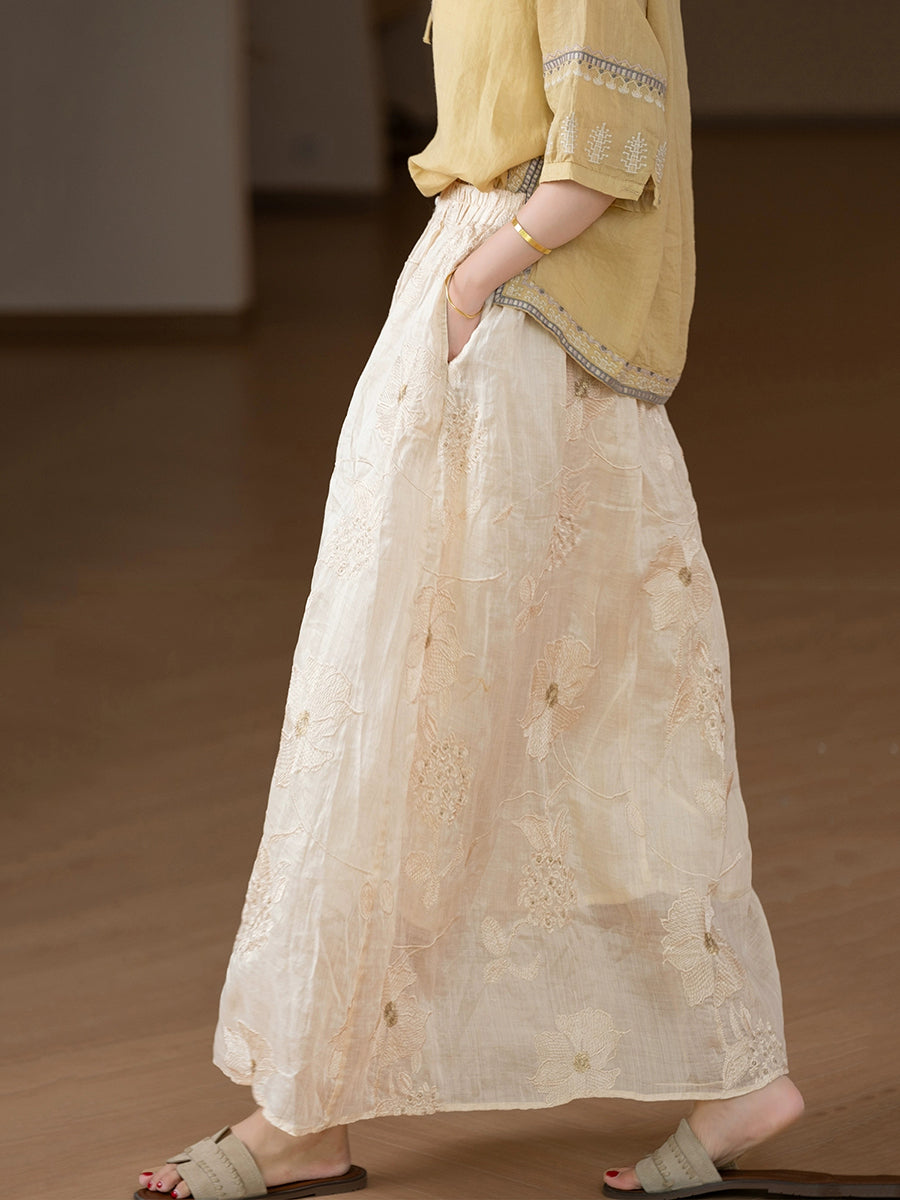 Women Summer Artsy Flower Embroidery 100%Ramie Skirt