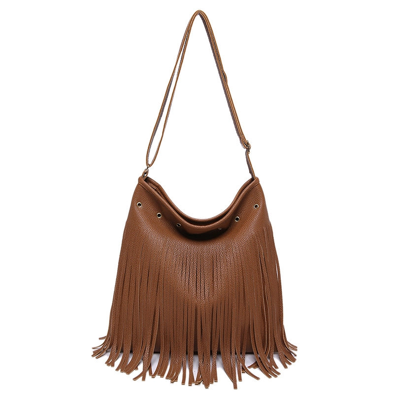 Women's Large Pu Leather Solid Color Vacation Classic Style Tassel Sewing Thread Square Magnetic Buckle Shoulder Bag