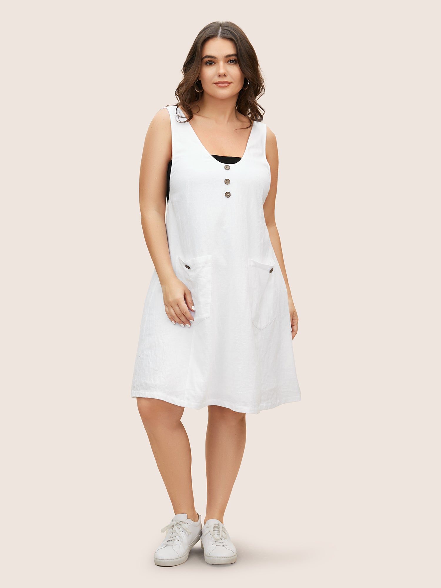 Solid Deep V Neck Patch Pocket Dress