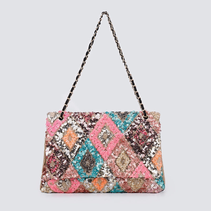 10 Pieces Women's Large Hemp Material Flower Elegant Sequins Square Flip Cover Crossbody Bag