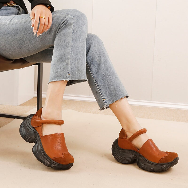 Chunky Platform Cow Leather Mary Jane Shoes with Adjustable Velcro Strap in Black/Light Brown