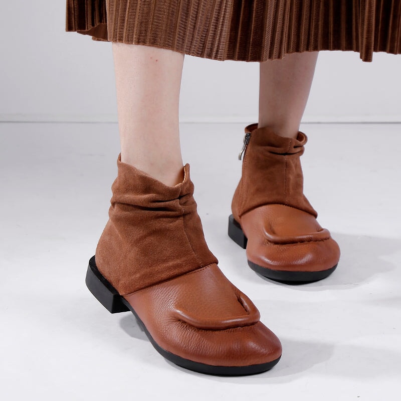 Handmade Soft Leather Ankle Boots For Women Splicing Design in Coffee/Black