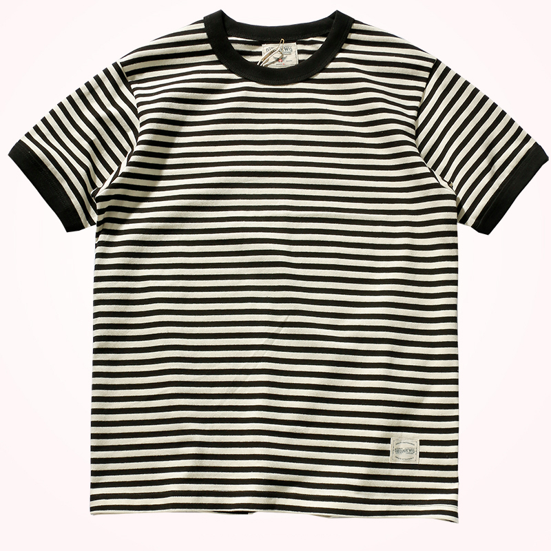 Vintage Double Yarn Pure Cotton Round Neck Striped Short-Sleeved T-Shirt