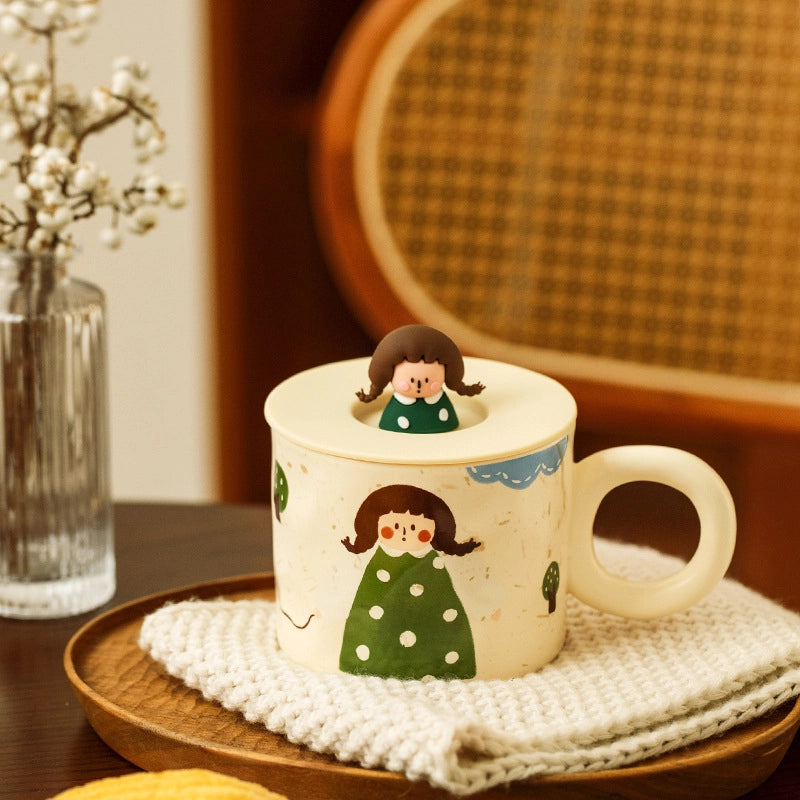 Vintage Girl's Dinner Plate Cute Plate Household Ceramic Plate Cartoon Plate Rice Bowl Small Bowl Mug With Lid
