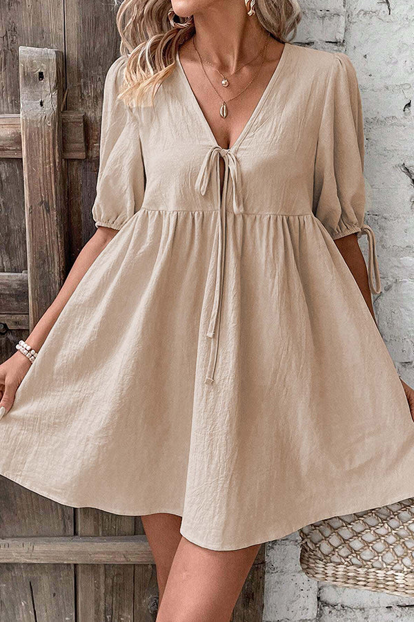 V Neck Solid Tie Front Casual Mini Dress