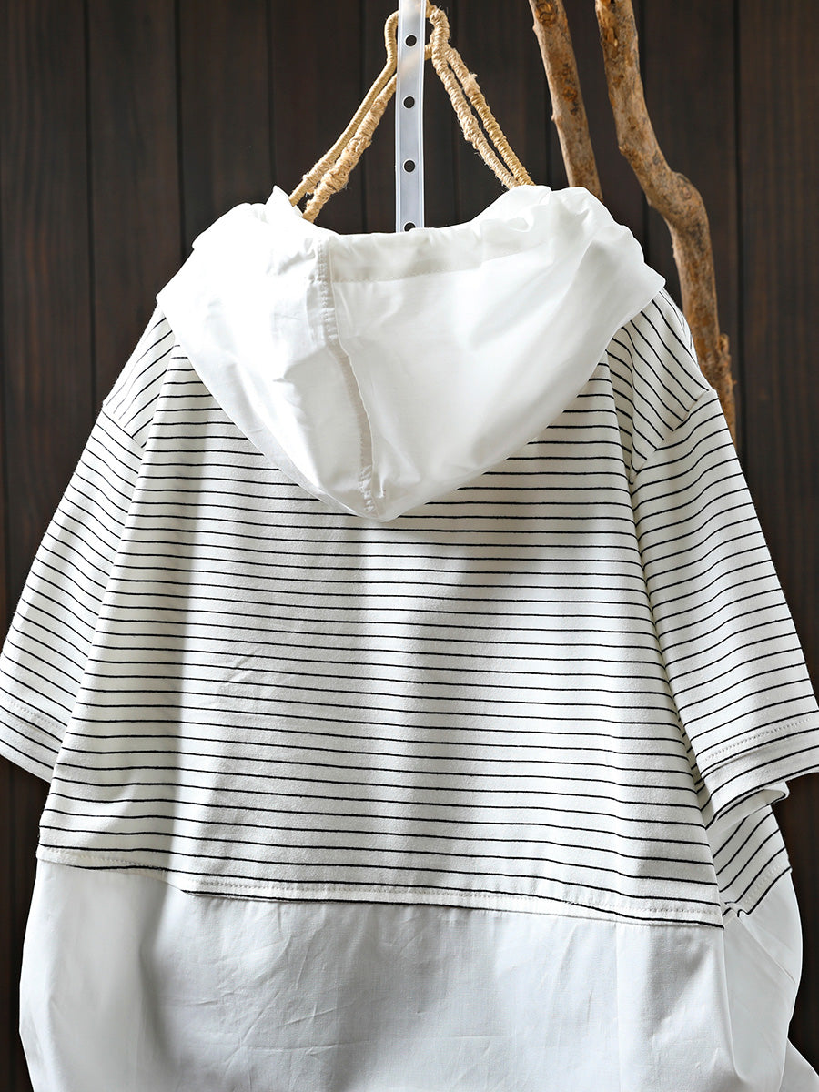 Women Summer Casual Stripe Spliced Hooded Cotton Shirt