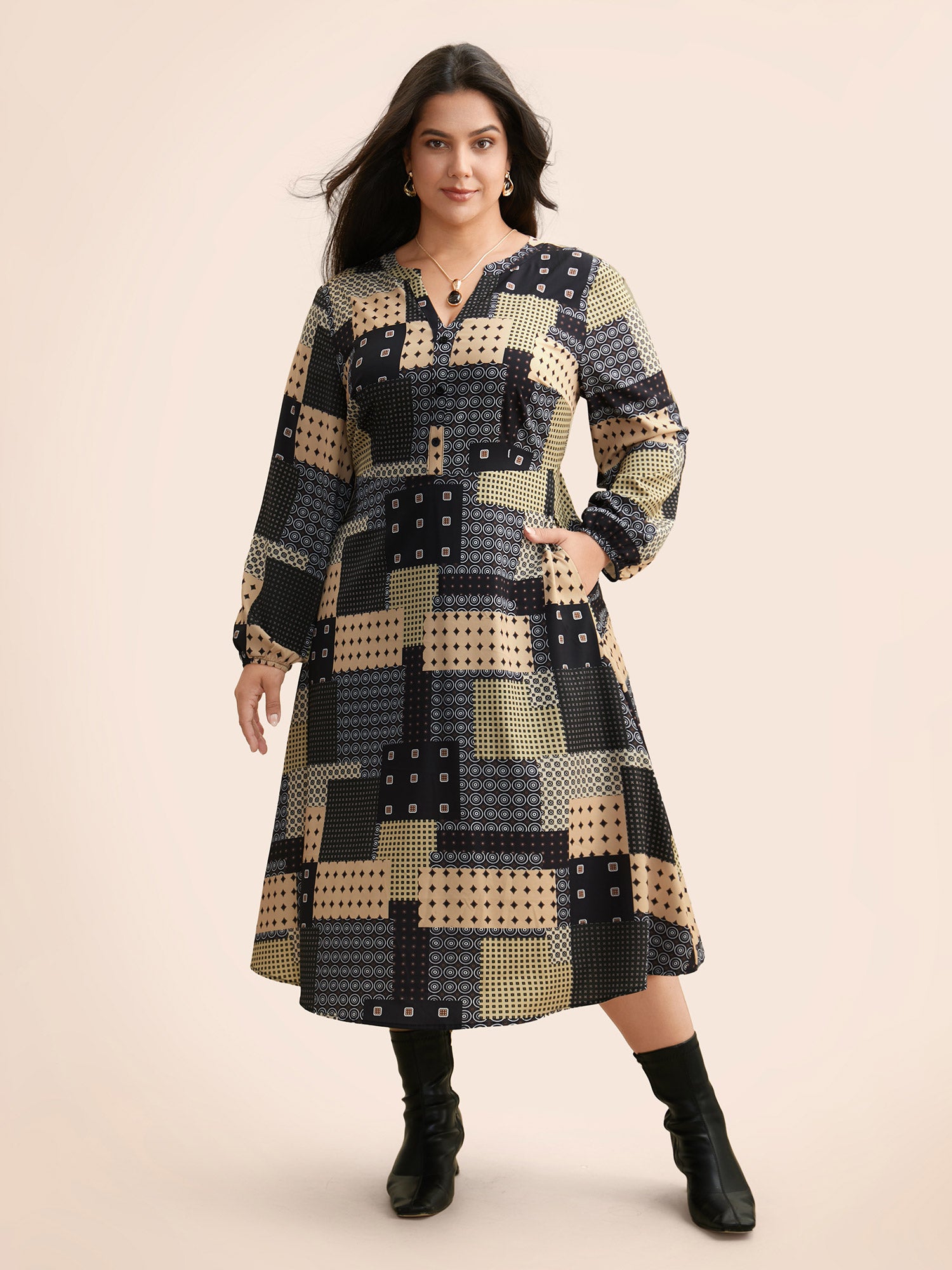 Colorblock Contrast Notched Lantern Sleeve Dress