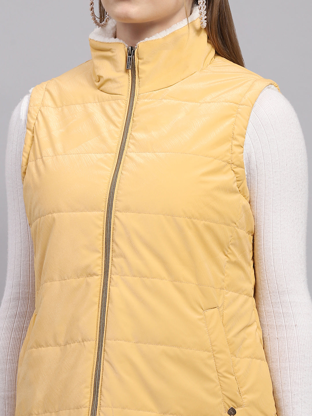 Women Yellow Solid Mock Neck Sleeveless Jacket