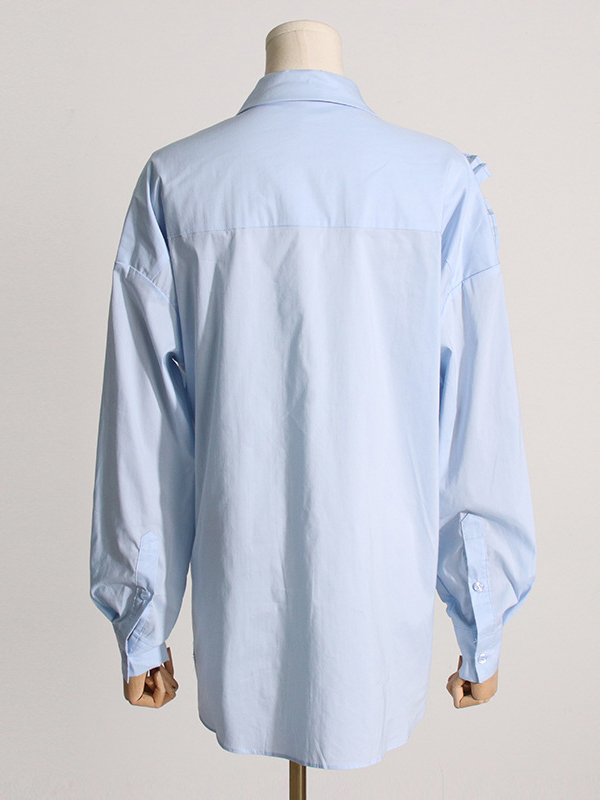 Long Sleeves Loose Asymmetric Buttoned Pleated Solid Color Split-Joint Three-Dimensional Flower Lapel Blouses&Shirts Tops