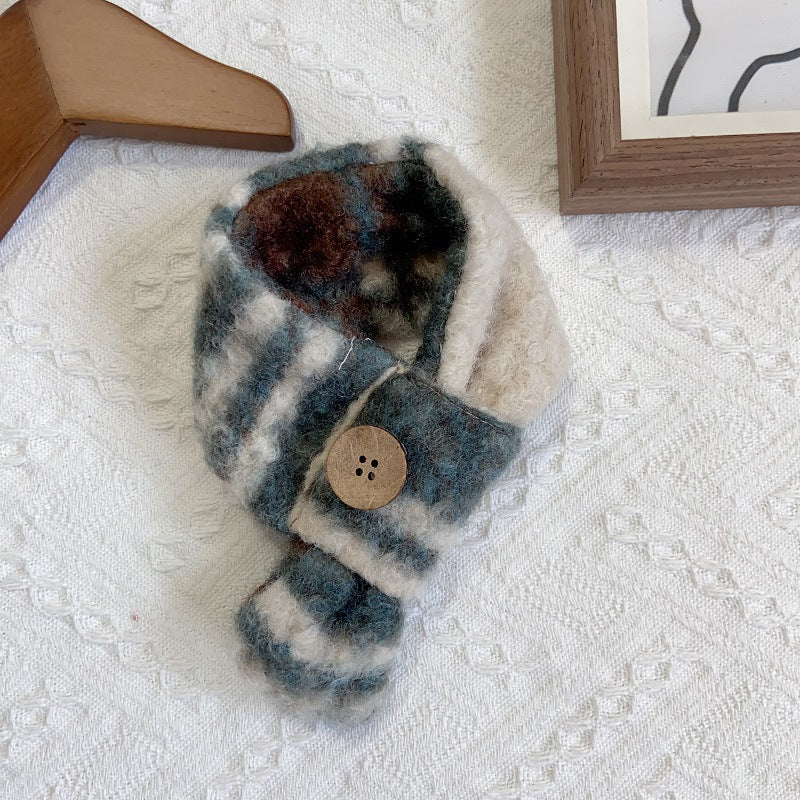 Plaid Pattern Buttoned Fleece Dog Cat Scarf