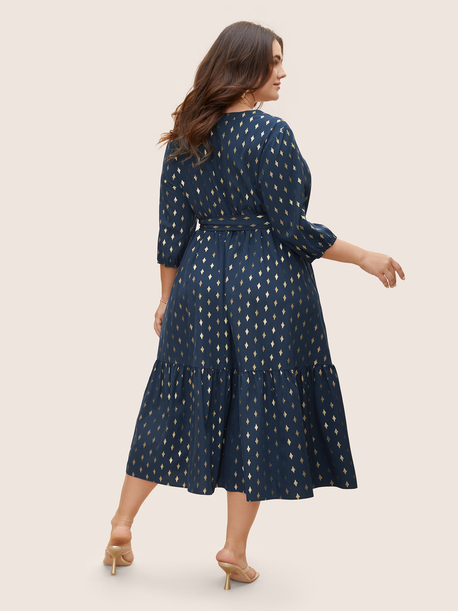 Glitter Notched Lantern Sleeve Midi Dress