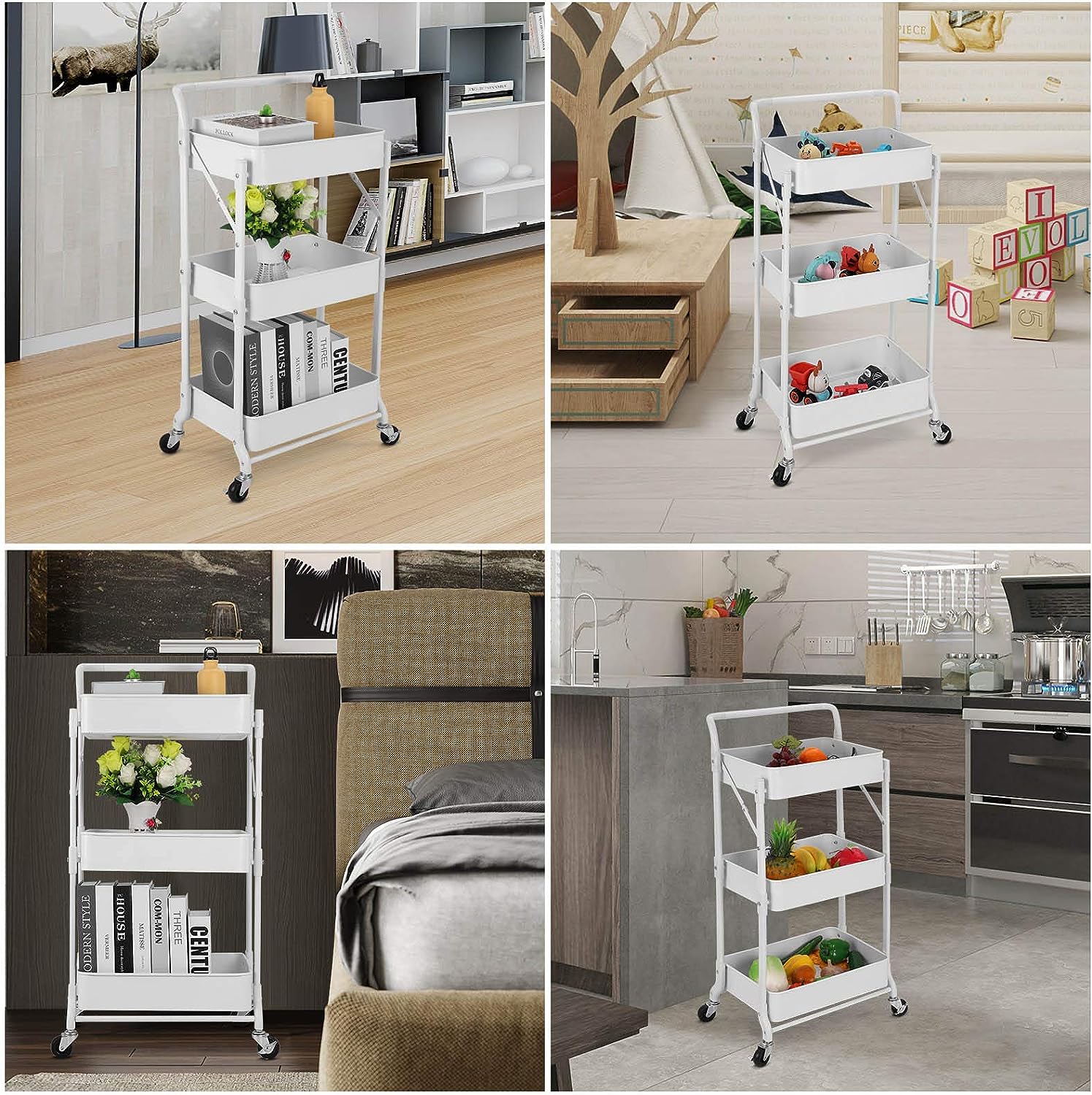 Foldable 3 Tier Metal Utility Rolling Cart. Folding Mobile Multi-Function Storage Trolley Organizer Cart (White)