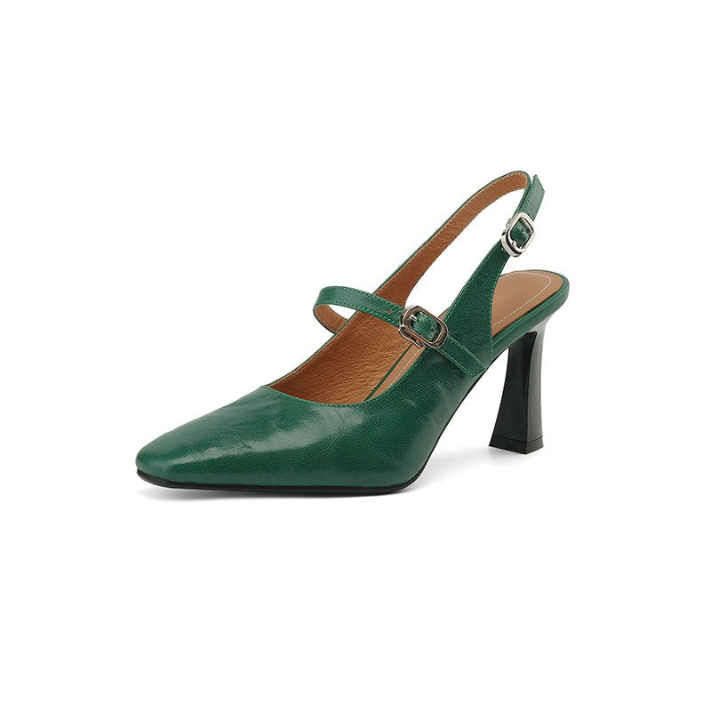 Elegant Square-Toe Slingback Pumps 80mm Kitten Heel Handmade Leather Sandals in Green/Black/Beige