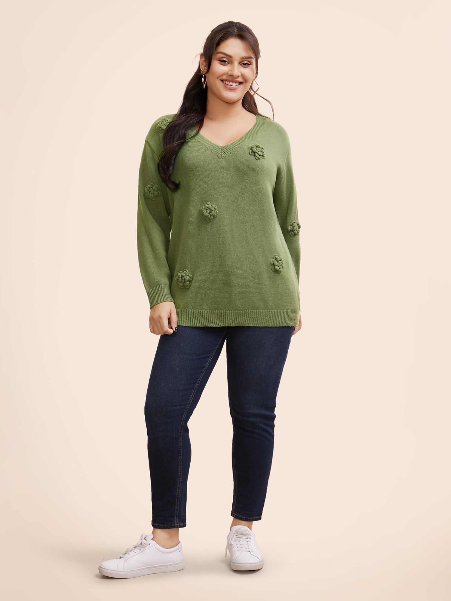 V Neck Stereo Flower Design Pullover